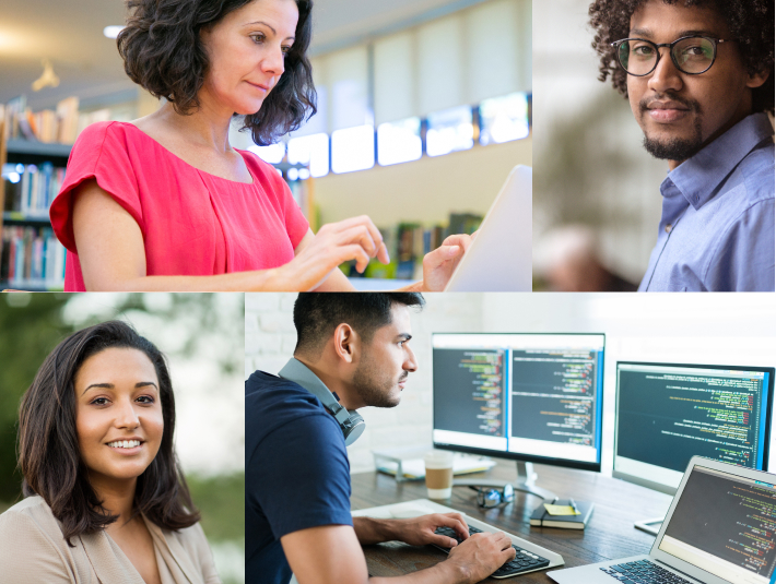 diverse group of individuals focused on their computers, collaborating in a vibrant workspace filled with creativity.