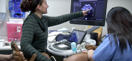 A woman holds a dog while another woman observes a monitor, showcasing a moment of companionship and focus.