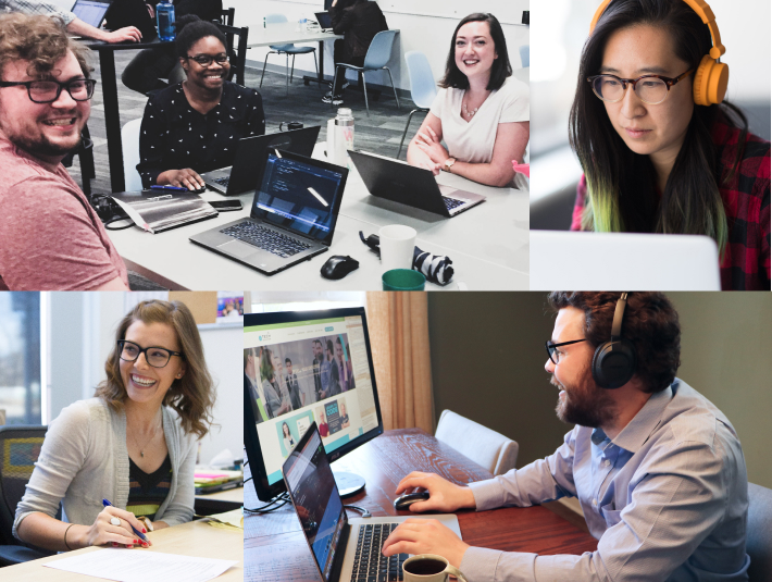 A diverse group of individuals focused on their laptops and computers, collaborating in a vibrant workspace environment.