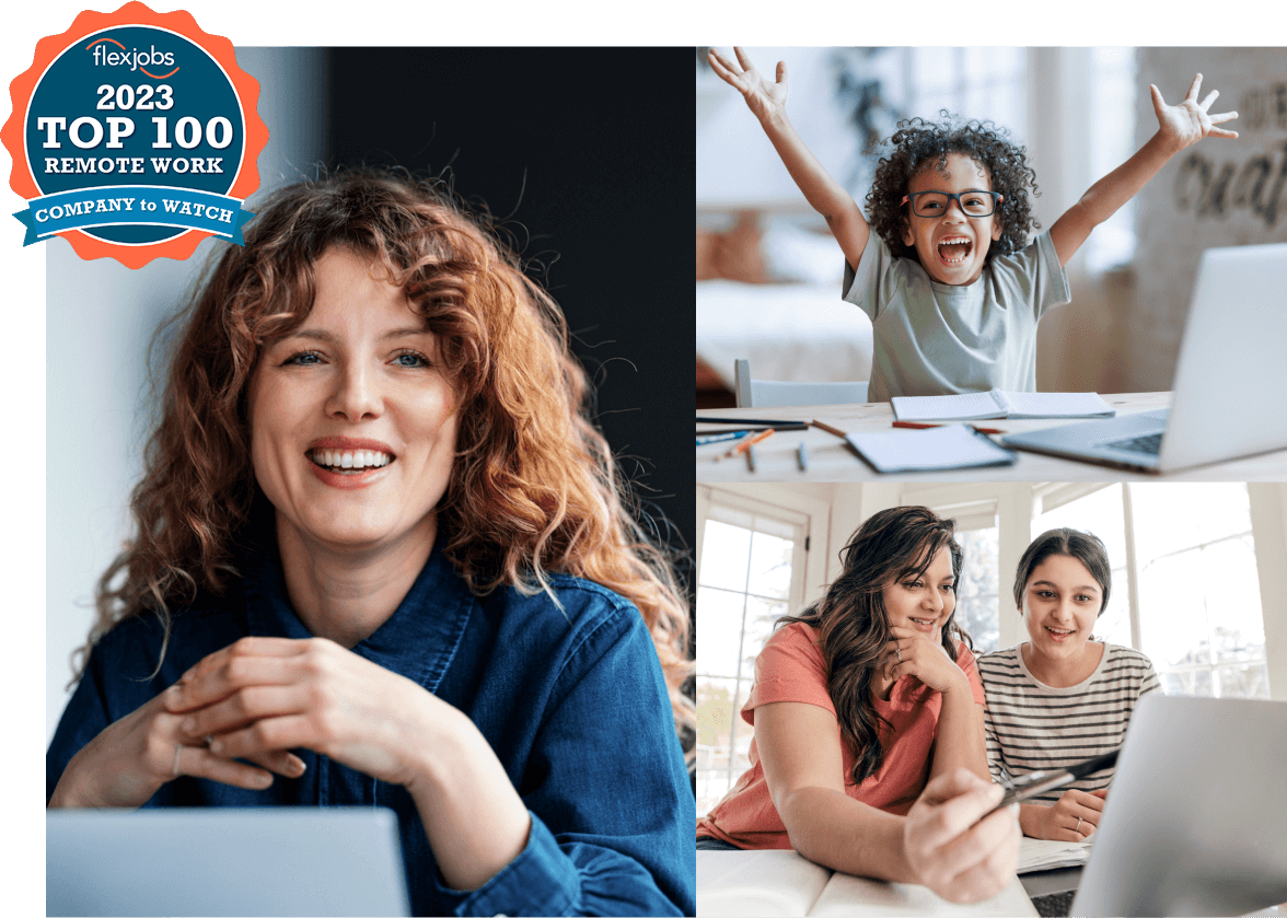 A cheerful woman with curly hair smiles while working on a laptop. Nearby, a child raises arms in excitement, and two women collaborate on a laptop.