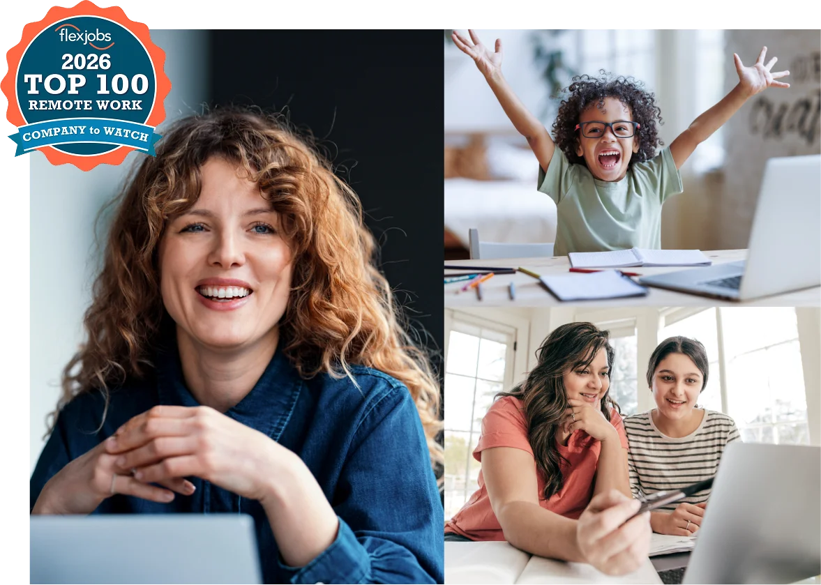 Smiling woman with curly hair on left; top right, joyful child with arms raised near a laptop; bottom right, two women collaborating on a laptop. Text overlay: "Top 100 Remote Work Company 2026".